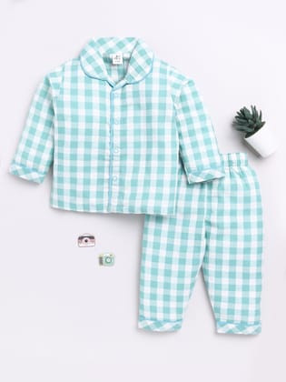 Green Checked Full Sleeve Night Suit-6-9 m