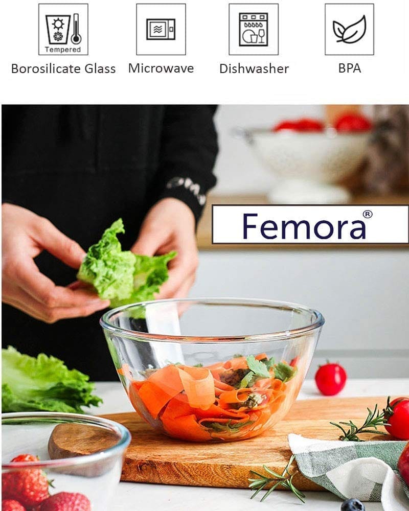 Femora Borosilicate Glass Microwave Safe All-Purpose Mixing Bowl,700 ML, 2650 Ml, Set of 2