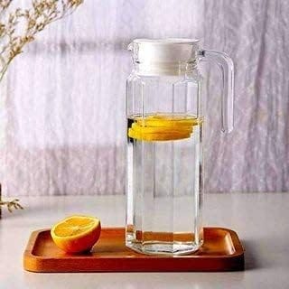 Italian Premium Glass Water Jug with Plastic Lid & Handle | 1.3 Littre |Transparent Carafe for Home, Office | Pitcher for Serve Water, Milk, Juice, Beverage, Chaas, Cocktail |