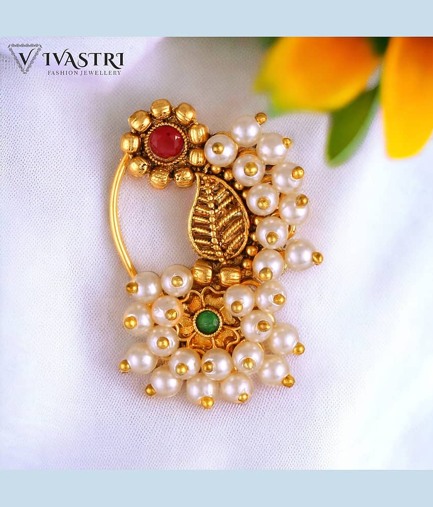 Vivastri's Premium & Elegant Peackock Style Cubic Zirconia Bead Studded Nose Rings For Women & Girls -VIVA1280NTH-PRESS-MULTI