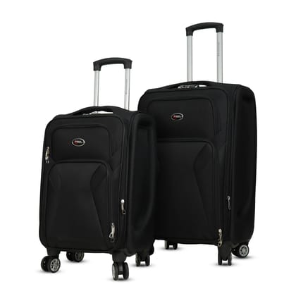 AMERICAN TRAVELLER Touris Bite 2-Piece Softside Trolley Luggage Set, 360 Spinner Wheels, Telescopic Handle, Front Pockets, Twill Fabric, Black, Navy Blue, Brown (2, Black, S,M)
