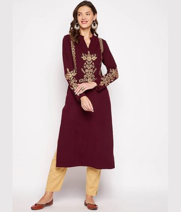 zigo Woollen Embroidered A-line Women's Kurti - Maroon ( Pack of 1 )