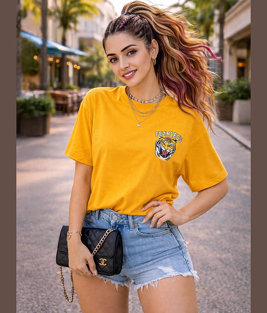 Leotude Women Cotton Blend Printed Oversized Fit Round Neck T-Shirt ( Yellow )