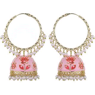 Lotus Jhumki Brass Bali Copper Material Drop Hook Earrings for Women's Fashion Jewelry Earrings Loop Gold  Pink