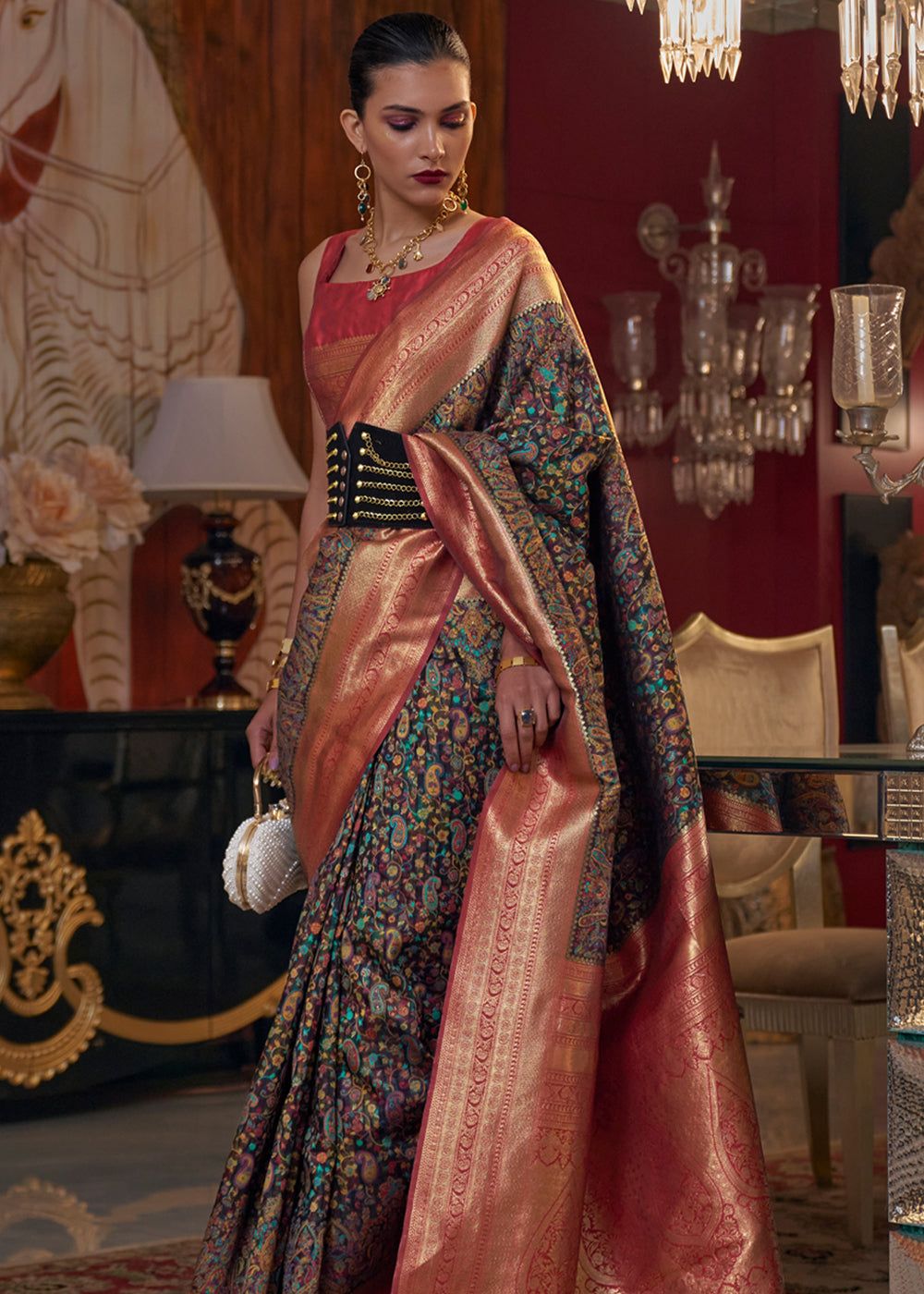 Black Woven Banarasi Kashmiri Silk Saree