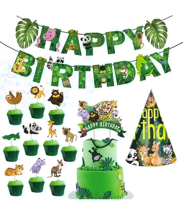 Zyozi Jungle Safari Happy Birthday Decoration Kids,Animal Birthday Banner with Cup Cake Toppers, Cake Topper and Birthday Cap for Boy Birthday 1st 2nd 3rd 16th 18th 21st (Pack of 13)