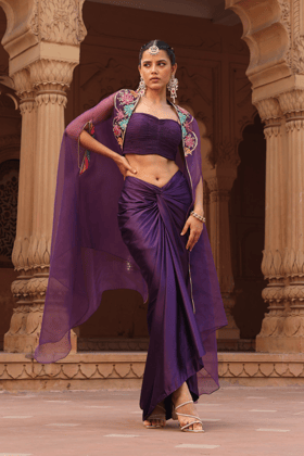 Purple Chakra dhoti cape set-XS