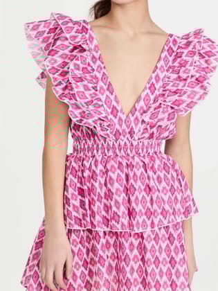 Pink V Neck Sleeveless Double Layer Print Dress-S / PINK