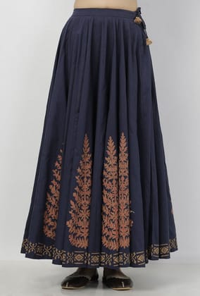 Indigo Blue Leaves Hand-Block Printed Tasseled Cotton Gathered Kali Skirt-XS