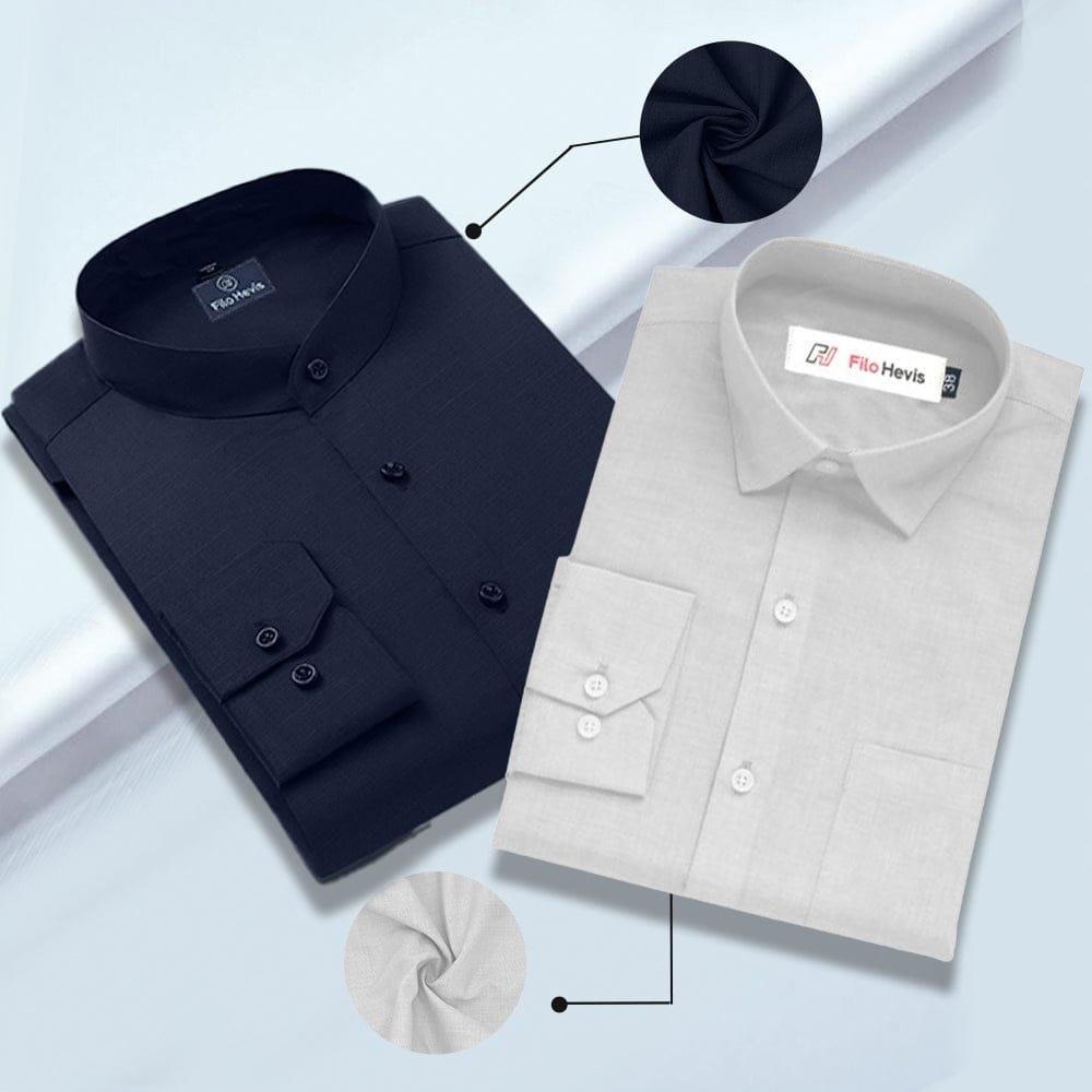 Cotton Linen Mandarin Collar Navy Blue & Filafil Spread Collar White - Classic Shirt Combo (Set of 2)-M