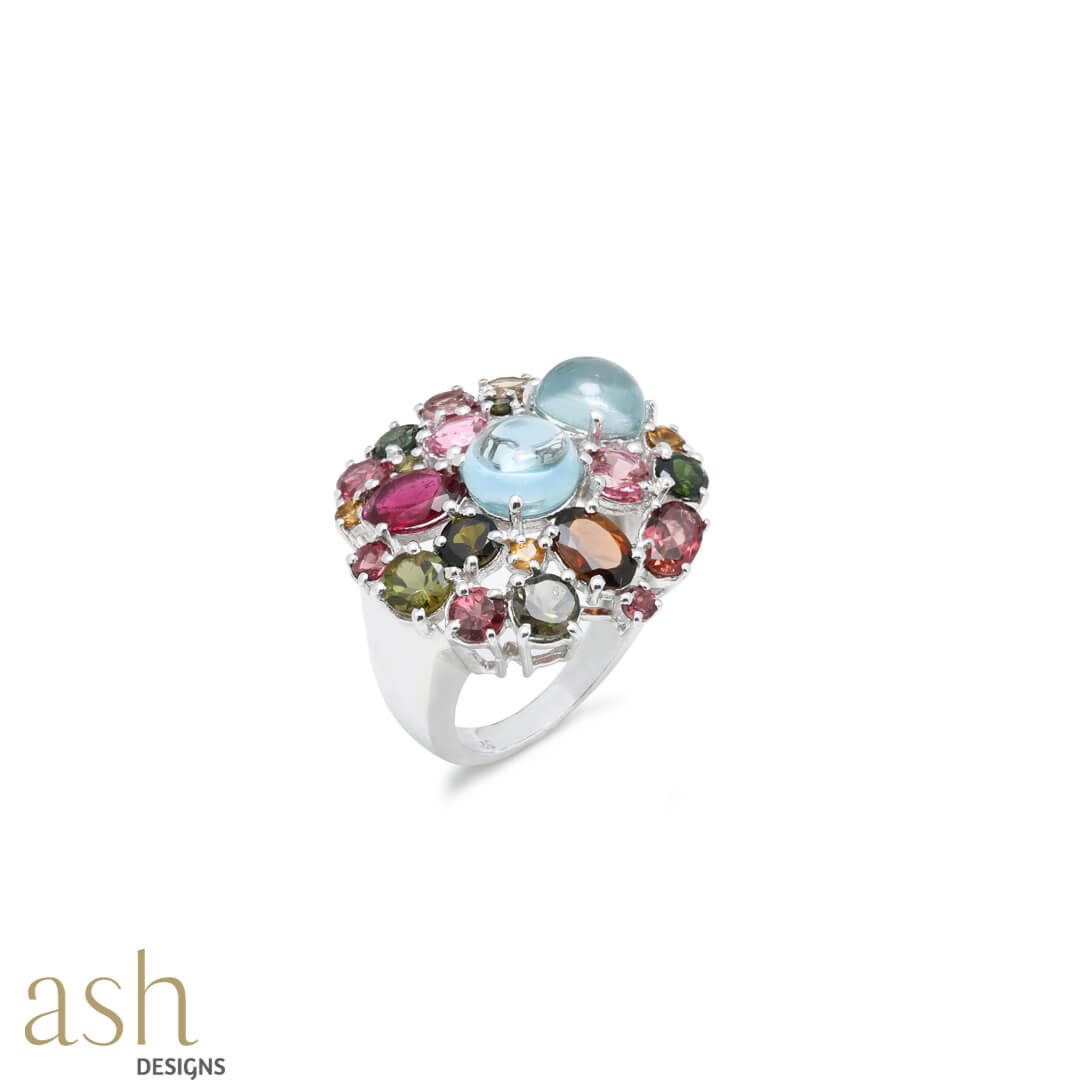 Mystique Tourmaline and Aquamarine Cabochon Ring-US 7