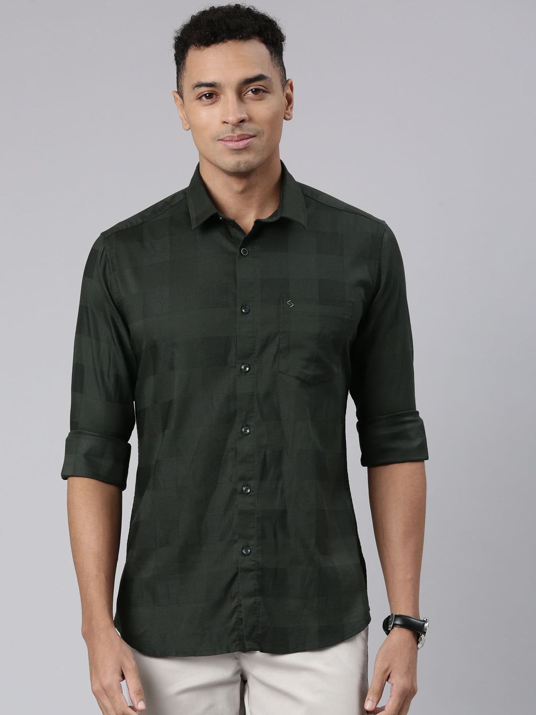 Classic Polo Men's Full Sleeve Olive Polo Neck Cotton Slim Fit Casual Shirt | SP2-EL-42 B-FS-SLD-SF