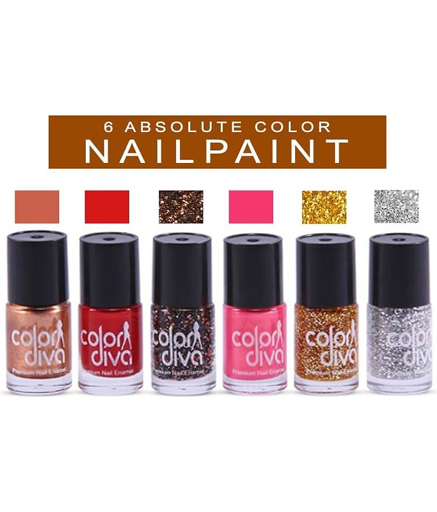 COLOR DIVA Amazing Color Nail Paint (Silver Sparkle, Red,Pink,Maroon Sparkle, Pack of 6