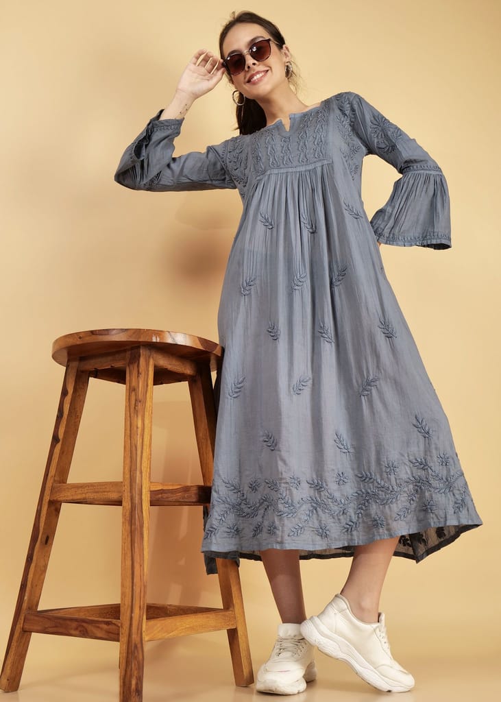 Mulmul Hand Embroidered Knee length Chikankari Dress Grey