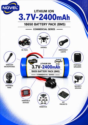 NOVEL 3.7V 18650 LITHIUM ION SM PIN BATTERY WITH CHARGING CABLE- 2400mAh