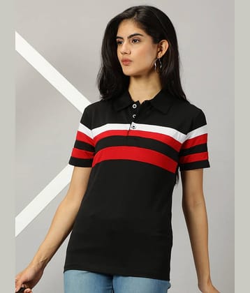 AUSK Women Cotton Blend Striped Regular Fit Polo Collar T-Shirt ( Black )