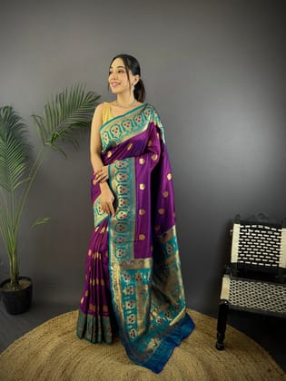 Violet Soft Silk Butti Zari Weaving Constrast Pallu Banarasi Saree