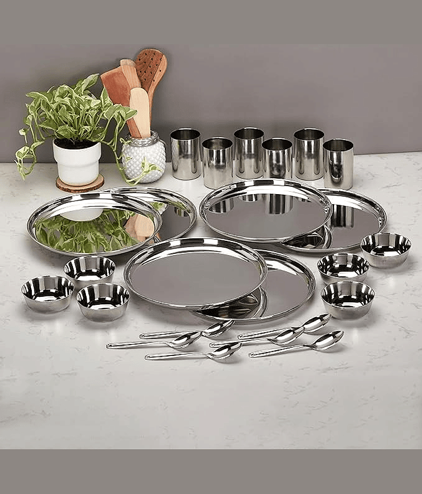 ATROCK Dinner Set Plain Stainless Steel Dinner Set ( Pack of 24 ) Silver