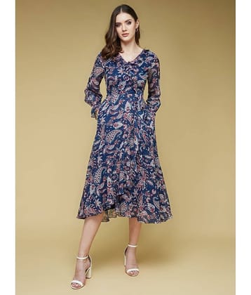 Life with Pockets Women Polyester Printed Fit & Flare Dress ( Navy Blue )