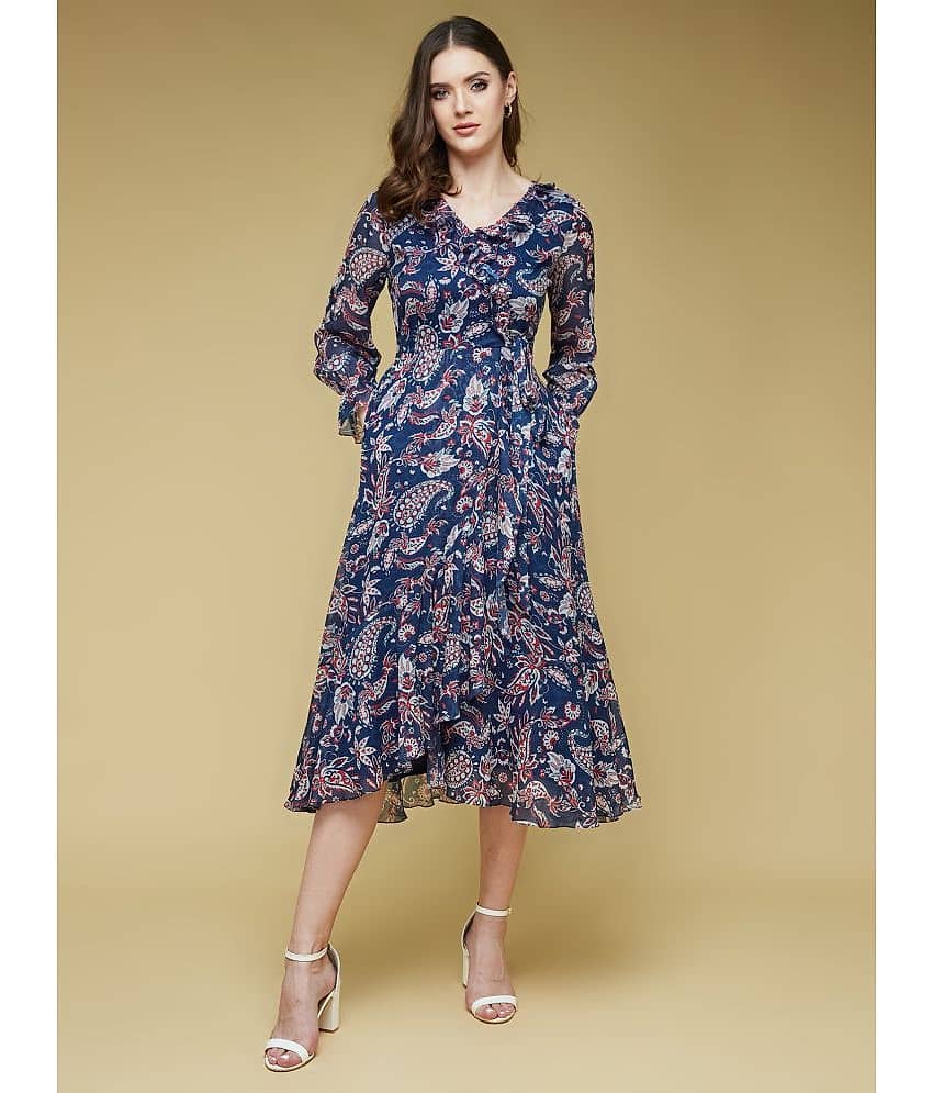 Life with Pockets Women Polyester Printed Fit & Flare Dress ( Navy Blue )