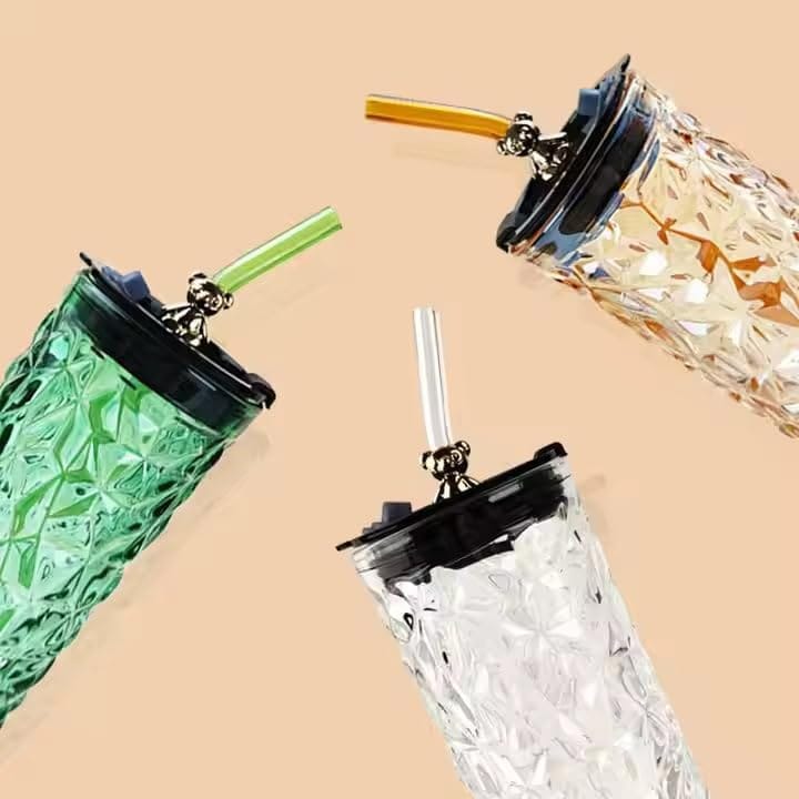 Sipper Glass with Lid and Straw 380 ML Unique and Morden Design Leakproof Tumbler Travel Mug for Juise,Smoothies,Smoothies Cold and Hot Drinking Cups Multi Colour [Pack of 1]