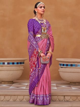 Cinnamon Pink Printed Patola Handloom Soft Silk Saree