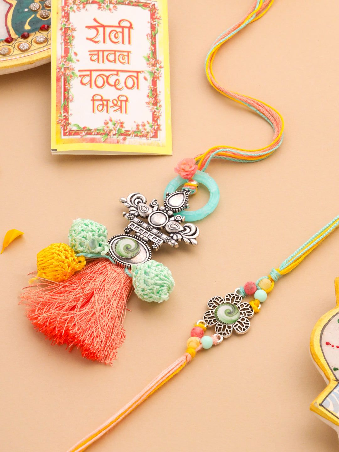 NVR Set of 2 Artificial Beads Traditional Bhaiya Bhabhi Pair Rakhi Set with Roli Chawal Chandan & Mishri-One Size / Multicolor