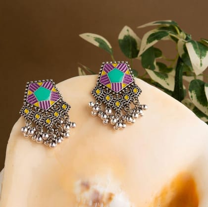 Silver Plated Pentagon Shaped Tri Colored Enamel Artwork With Beads Fashion Antique Earring- AER 1646