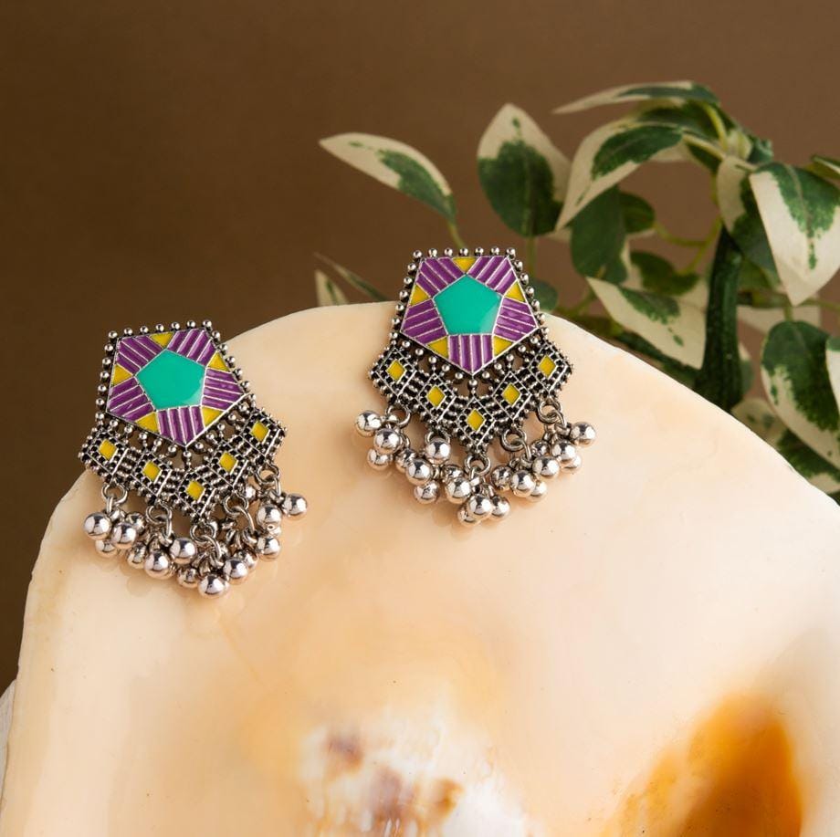 Silver Plated Pentagon Shaped Tri Colored Enamel Artwork With Beads Fashion Antique Earring- AER 1646