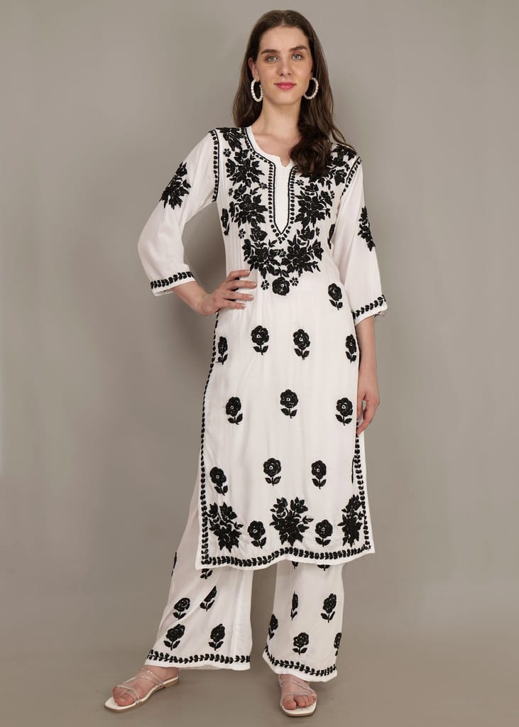 Pure Modal White & Black Hand Embroidered Lucknow Chikankari Kurta Plazzo set
