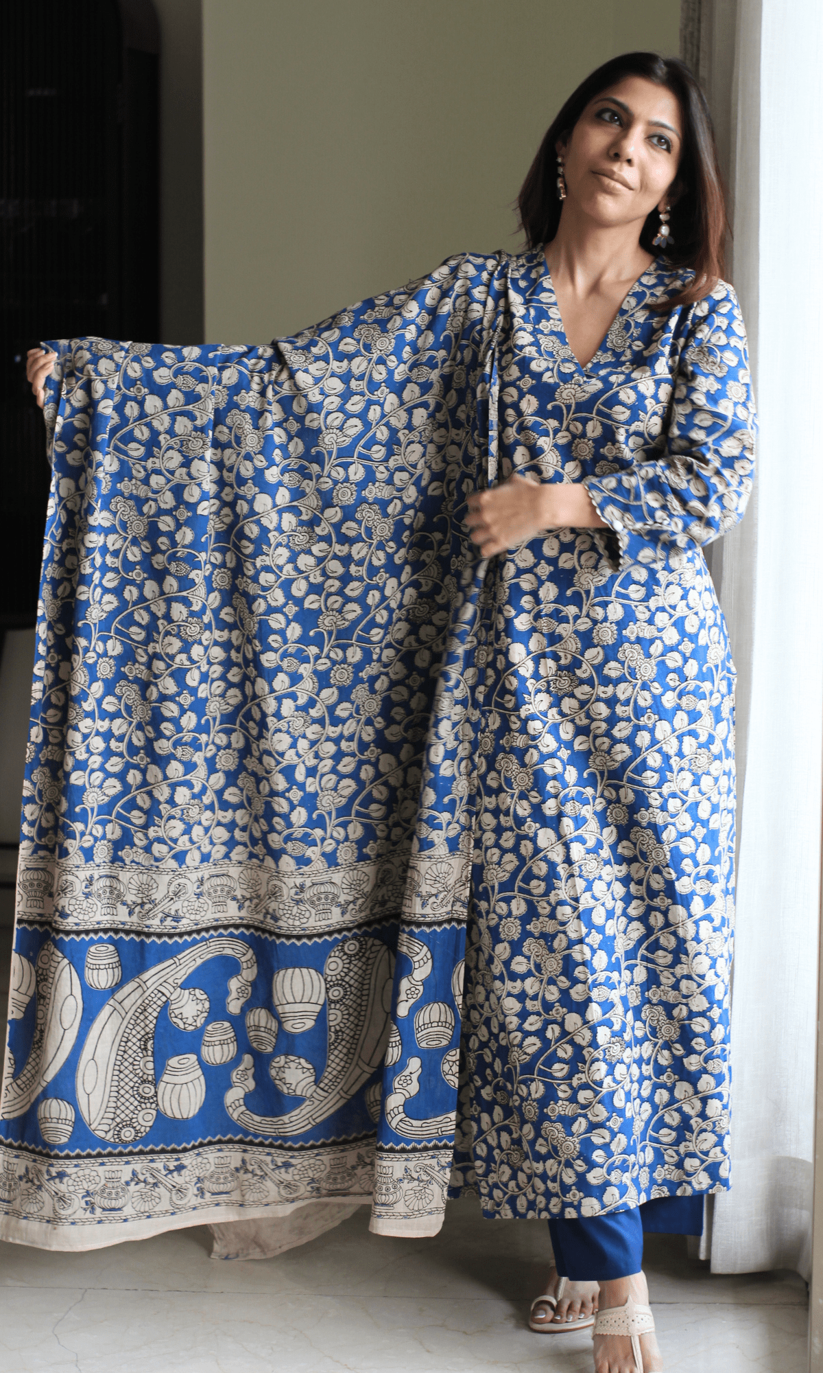 Cotton Handblock Egyptian Blue Kurta & Dupatta with Cotton Pants-XS