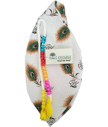 Hare Krishna Food For Soul Radhe Name Printed White Jholi |Potli Bead Bag| Iskco Japa Mala Bag/Gaumukhi 1 ( Pack of 1 )