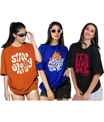 Leotude Women Cotton Blend Printed Oversized Fit Round Neck T-Shirt ( Multicolor )
