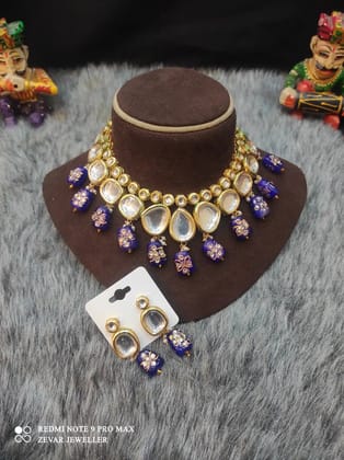 High-Quality Kundan Stone Choker Necklace Set - Dark Blue
