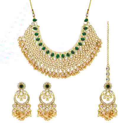 Green Color Kundan Necklace With Earring & Maang Tikka-Adjustable rope / green / Necklace Length: 16.00 CM x Width: 8.00 CM