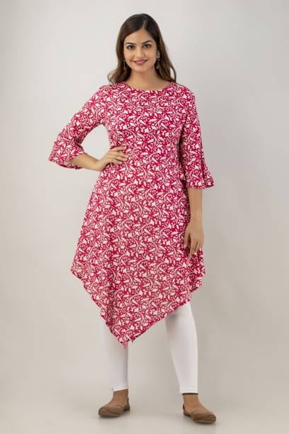 Women Printed Viscose Rayon Asymmetric Kurta  (Pink)