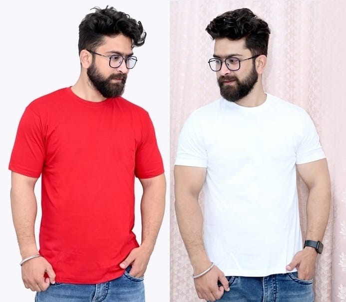 Tru Threads Solid Premium T-Shirt 2 Pcs Combo - Red, White (Size - L)