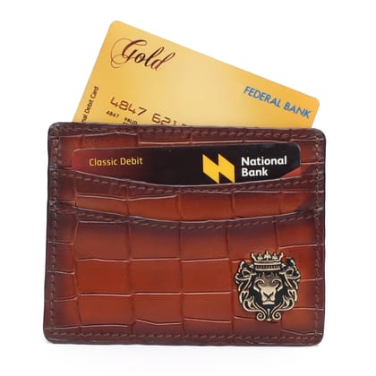 Tan Croco Deep Cut Leather With Golden Lion Logo Card Holder By Brune & Bareskin-FS