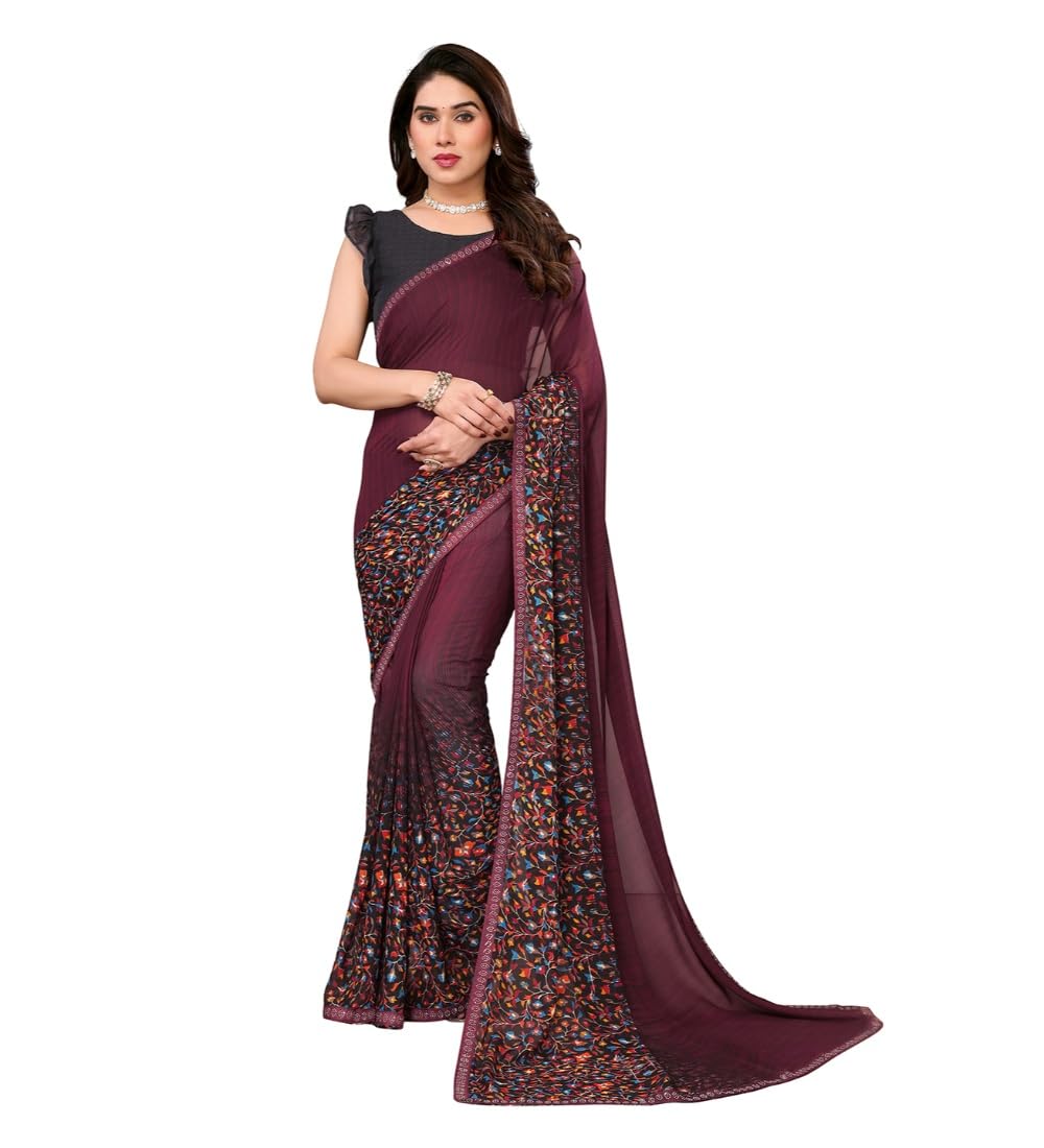 Women's Georgette Printed Saree with Unstitched Blouse 5.5Mtr (Maroon)