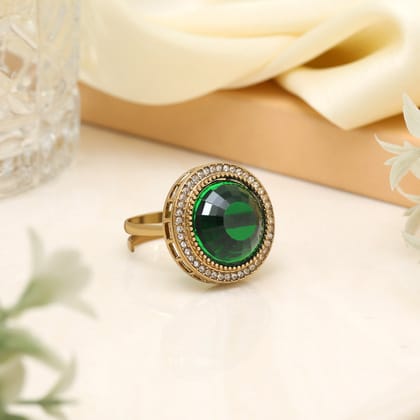 Elegant Green Color Kundan Ring For Women-Ring_Size_Adjustable | Diameter Length: 2.50 CM x Width: 2.50 CM / Green / Alloy With Good Quality Mehndi Gold Plated