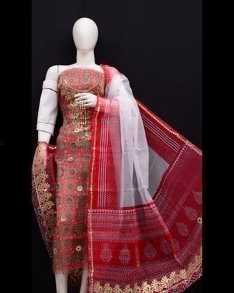 Glimmering Red & White Kota Doria Gota Patti Suit