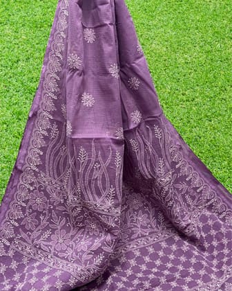 Lilac Chikankari Kota Doria Saree Lavender Handcrafted