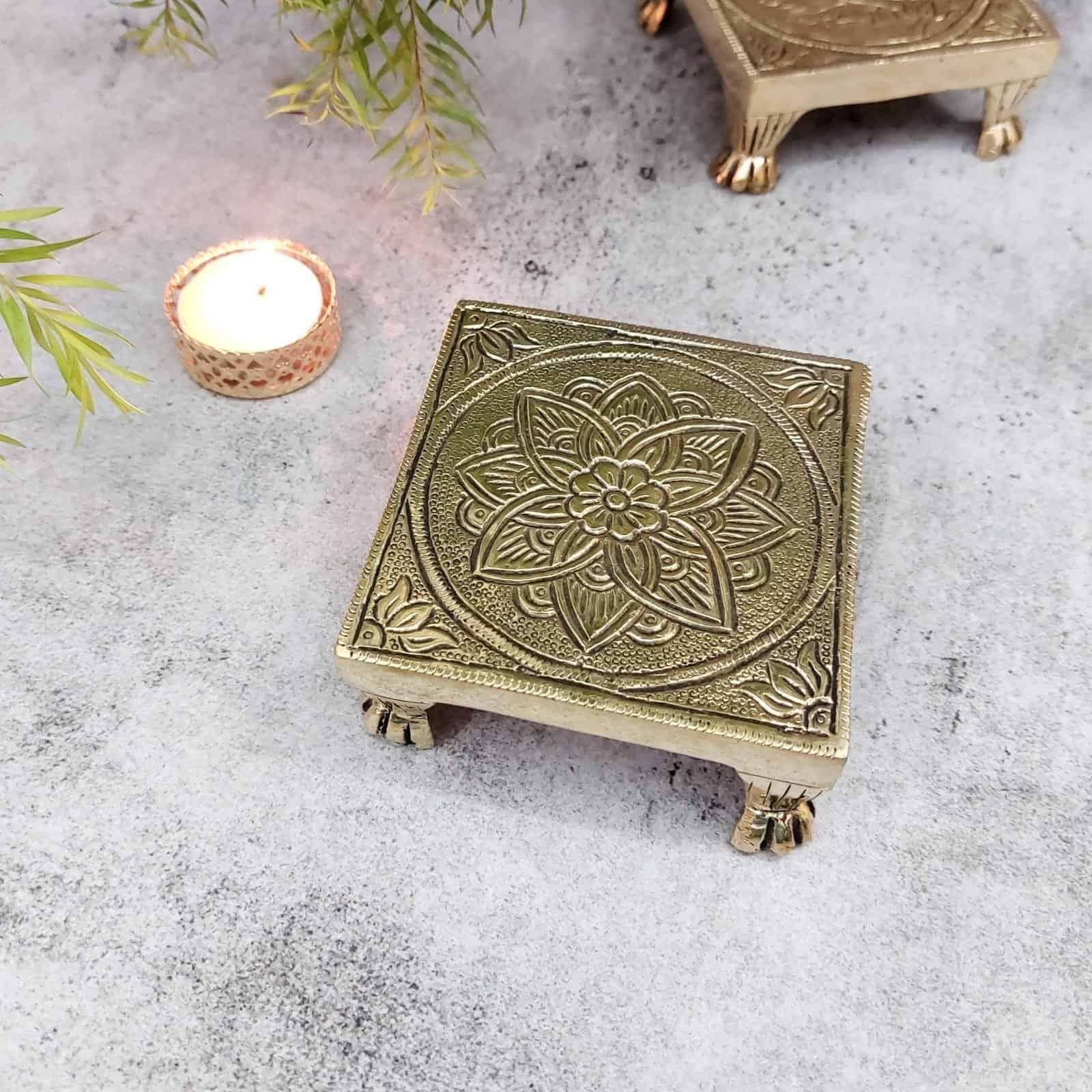 Brass Chowki - 4 inch Length | Decorative Brass Chowki for Pooja and Home Decor