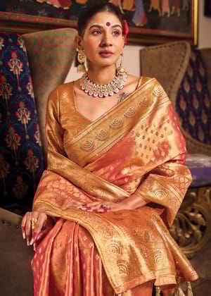 Orange Peach Woven Banarasi Brocade Tissue Silk Saree
