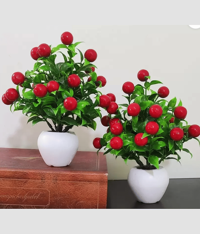 zonezer - Red Cherry Blossom Artificial Flowers With Pot ( Pack of 2 )