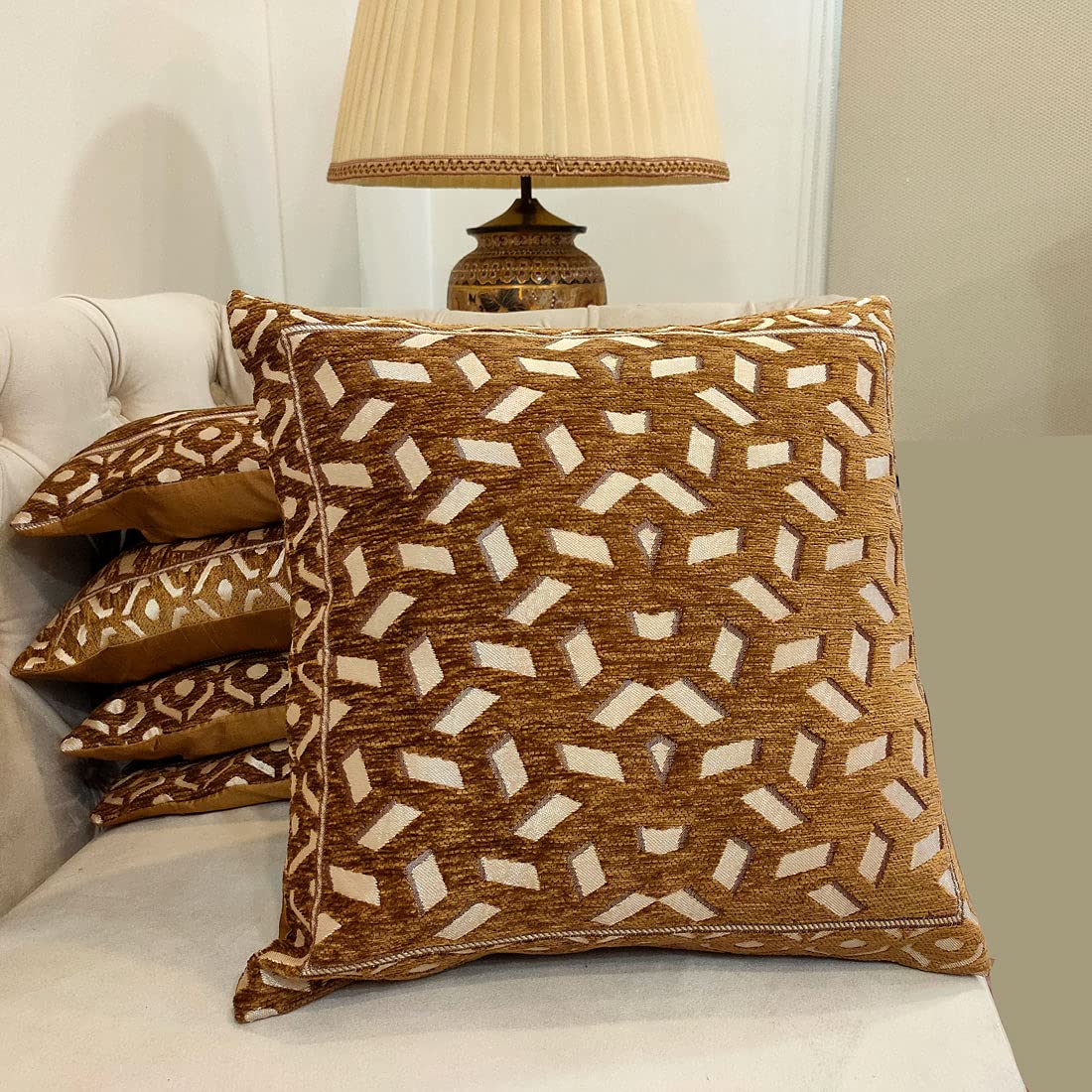Brown Damask Geometric Woven Zipper Square Cushion Covers (16x16 inch or 40 x 40 cm) Set of 5