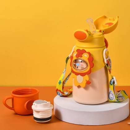 Premium Quality Cute Animal Theme Multifunctional Water Bottle With Lock Feature & Thermo Cup for Kids 500ml-Yellow