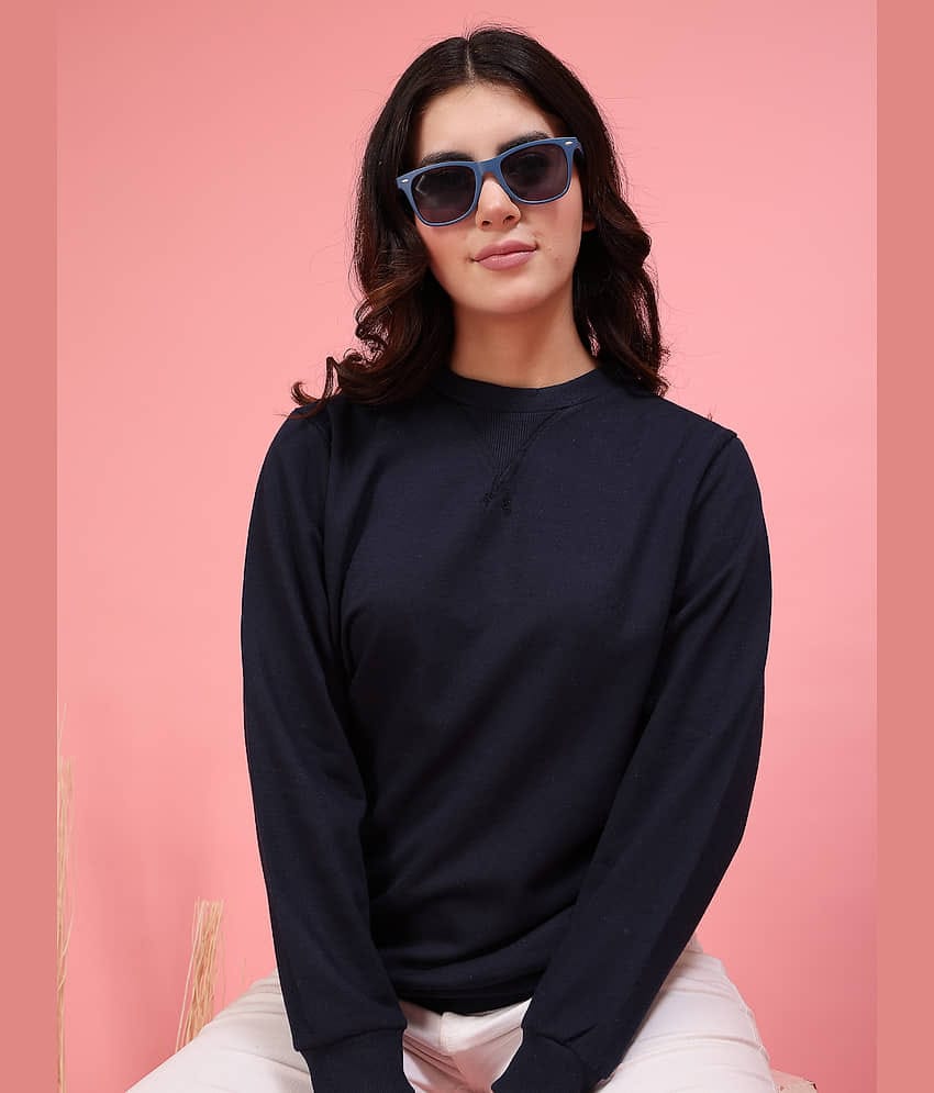 Rigo Women Fleece Round Neck Sweatshirt For ( Navy Blue )