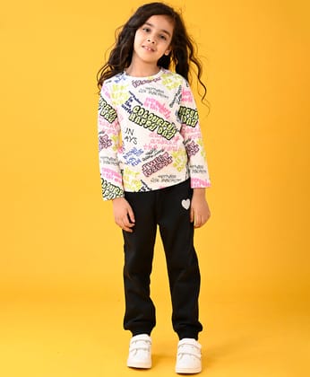 COLORFUL HAPPINESS T-SHIRT AND BLACK HEART WARM FLEECE JOGGER SET - WHITE/BLACK-6-12 MONTHS / 2N / WHITE/BLACK