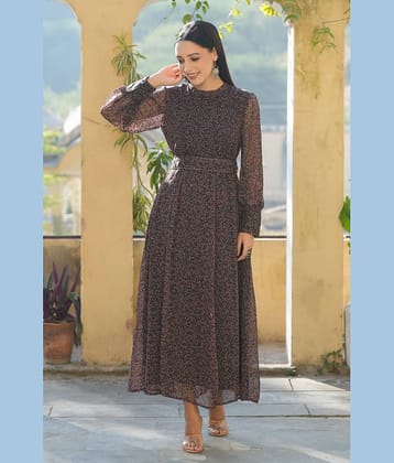 Juniper Women Chiffon Printed Fit & Flare Dress ( Black )